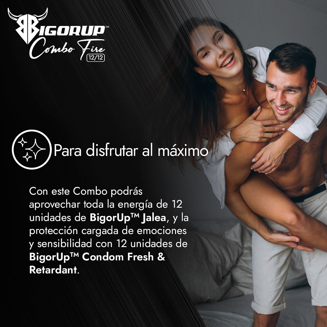 Combo BigorUp™ Condom Fresh And Retardant (Pack 12)  & BigorUp™ (Caja de 12 sachet 10 gramos)