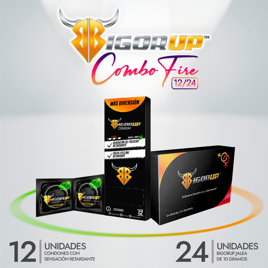 Combo BigorUp™ Condom Fresh And Retardant (Pack 12)  & BigorUp™  (Caja de 24 sachet 10 gramos)