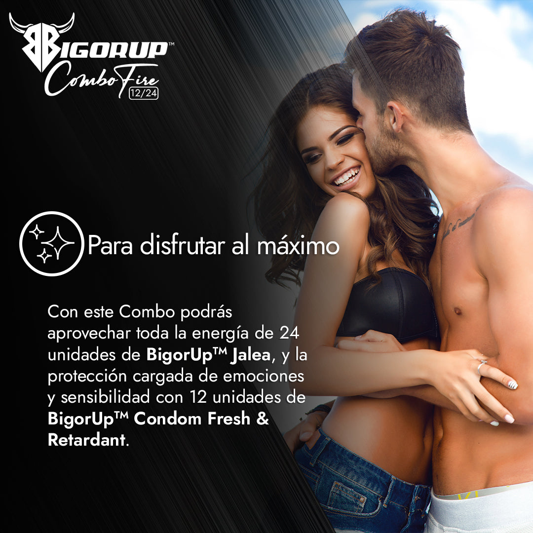 Combo BigorUp™ Condom Fresh And Retardant (Pack 12)  & BigorUp™  (Caja de 24 sachet 10 gramos)