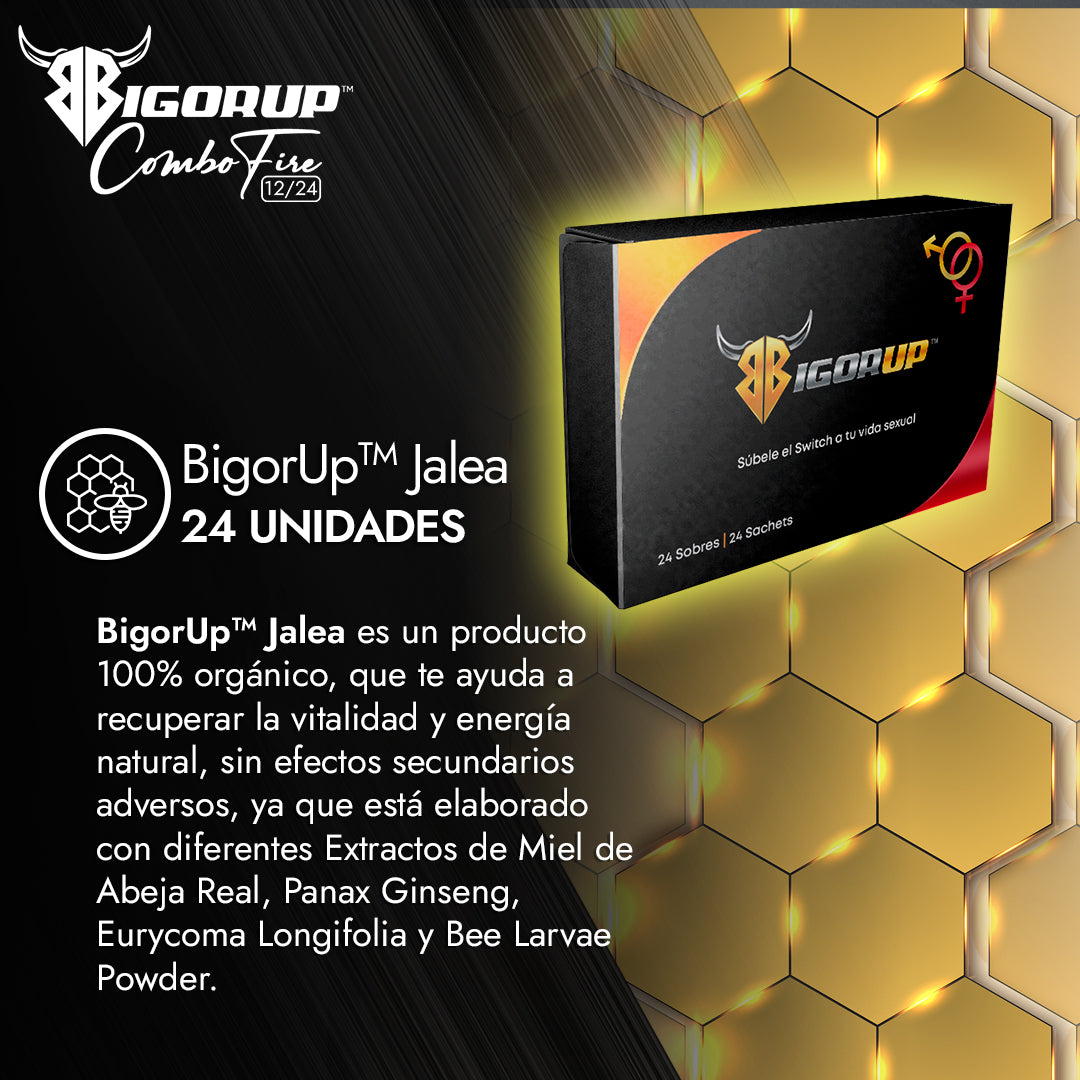 Combo BigorUp™ Condom Fresh And Retardant (Pack 12)  & BigorUp™  (Caja de 24 sachet 10 gramos)