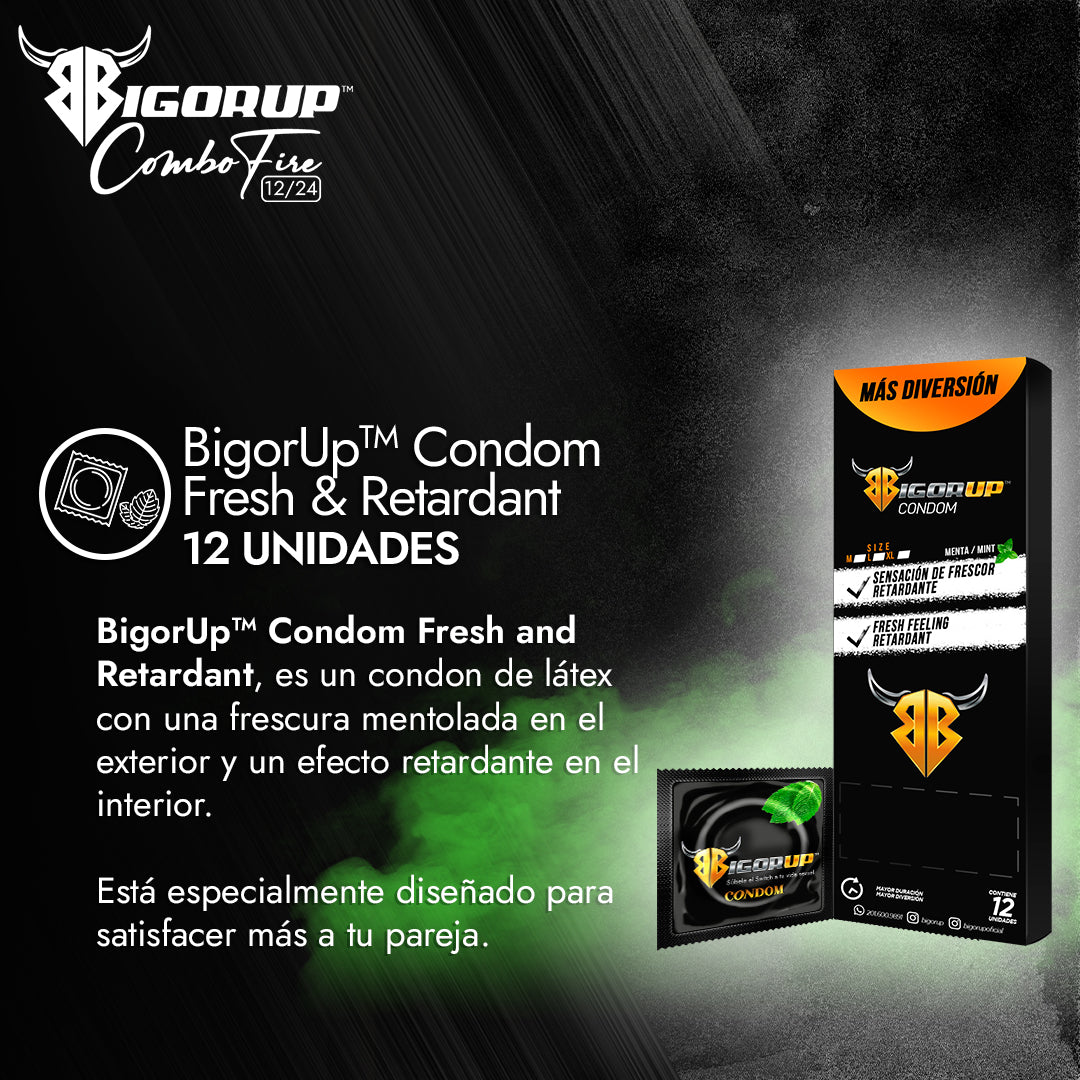 Combo BigorUp™ Condom Fresh And Retardant (Pack 12)  & BigorUp™  (Caja de 24 sachet 10 gramos)